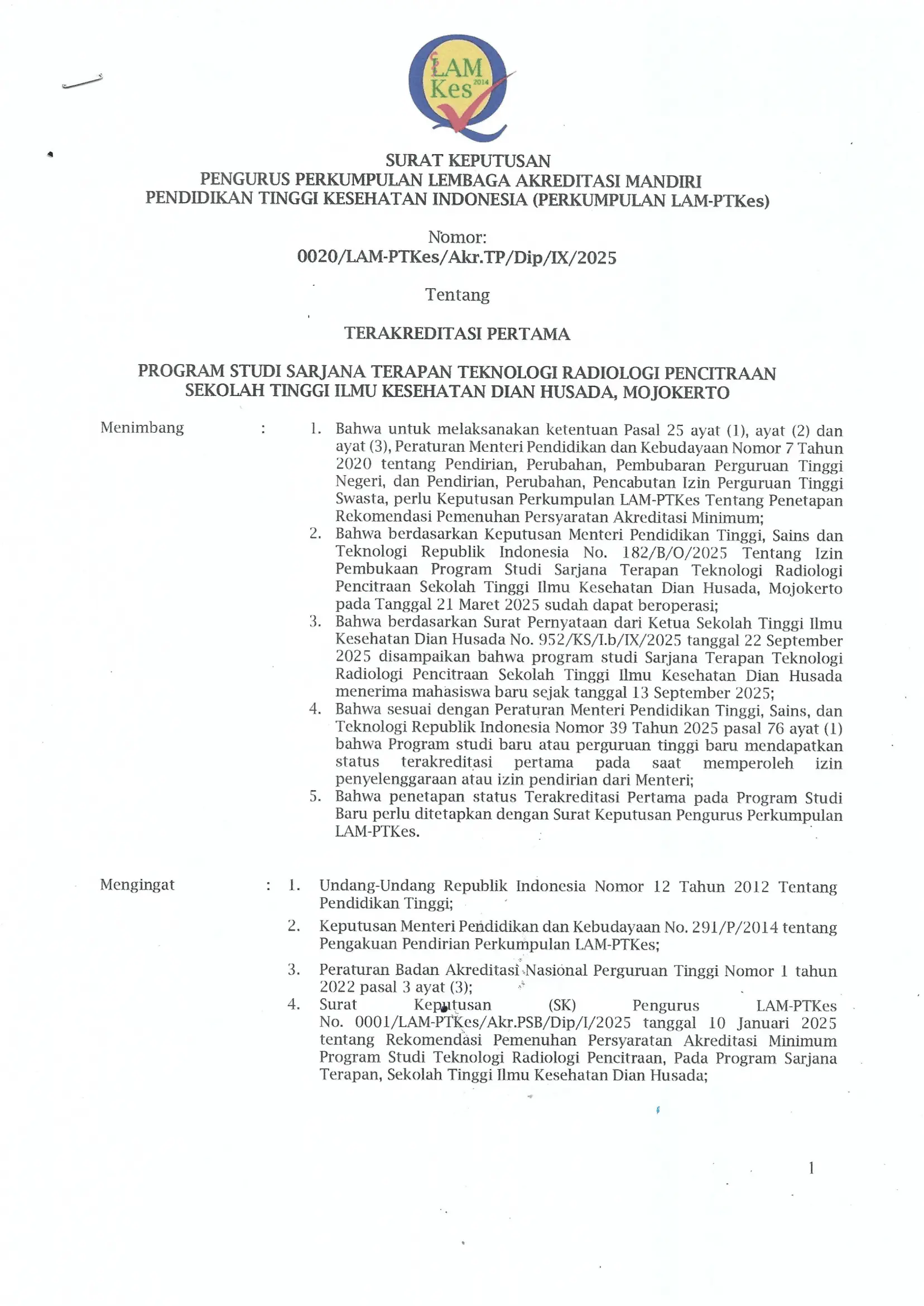 Sertifikat Akreditasi Pertama LAM-PT-Kes Prodi TRP 2025